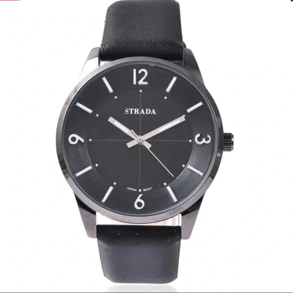 Black Faux Leather Strap Watch
